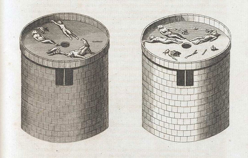 Dibujo impreso de 'Towers of Silence', dos estructuras elevadas circulares utilizadas por los zoroastrianos (parsees) para deshacerse de los muertos