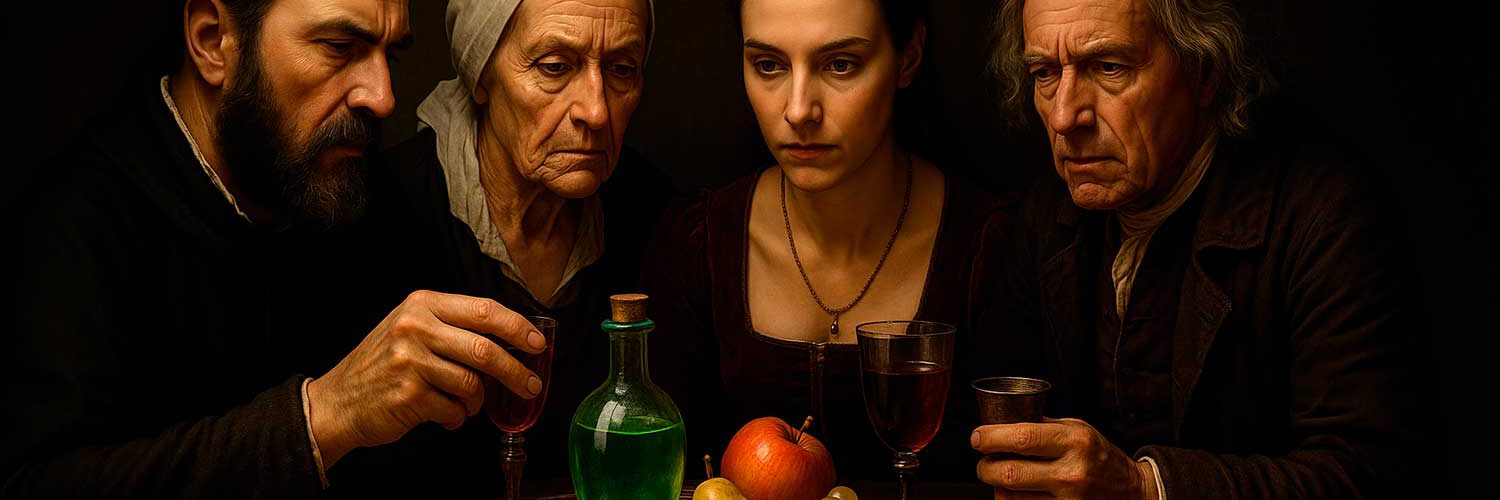 Composición fotorealista horizontal en 8K que muestra una mesa antigua de madera repleta de frascos, viales y botellas de vidrio etiquetadas con símbolos de veneno. En primer plano, una mano vierte gotas oscuras en una copa de vino. Al fondo, se insinúan sombras humanas borrosas, sugiriendo conspiración. La escena está iluminada tenuemente por una lámpara de aceite, creando una atmósfera histórica y siniestra. Ideal para ilustrar un artículo sobre los envenenadores más famosos de la historia.