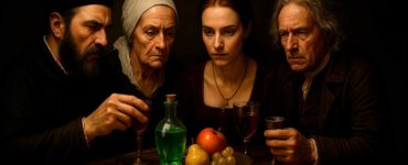 Composición fotorealista horizontal en 8K que muestra una mesa antigua de madera repleta de frascos, viales y botellas de vidrio etiquetadas con símbolos de veneno. En primer plano, una mano vierte gotas oscuras en una copa de vino. Al fondo, se insinúan sombras humanas borrosas, sugiriendo conspiración. La escena está iluminada tenuemente por una lámpara de aceite, creando una atmósfera histórica y siniestra. Ideal para ilustrar un artículo sobre los envenenadores más famosos de la historia.