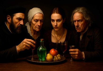 Composición fotorealista horizontal en 8K que muestra una mesa antigua de madera repleta de frascos, viales y botellas de vidrio etiquetadas con símbolos de veneno. En primer plano, una mano vierte gotas oscuras en una copa de vino. Al fondo, se insinúan sombras humanas borrosas, sugiriendo conspiración. La escena está iluminada tenuemente por una lámpara de aceite, creando una atmósfera histórica y siniestra. Ideal para ilustrar un artículo sobre los envenenadores más famosos de la historia.