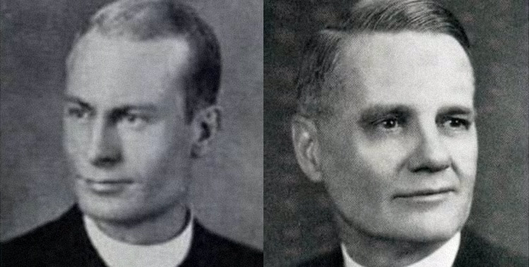 Retratos en blanco y negro del padre William S. Bowdern (izquierda) y el padre Walter Halloran (derecha), sacerdotes jesuitas que dirigieron el exorcismo real de Roland Doe en 1949, caso que inspiró la novela y película El Exorcista, el caso de posesiones demoníacas más conocido.