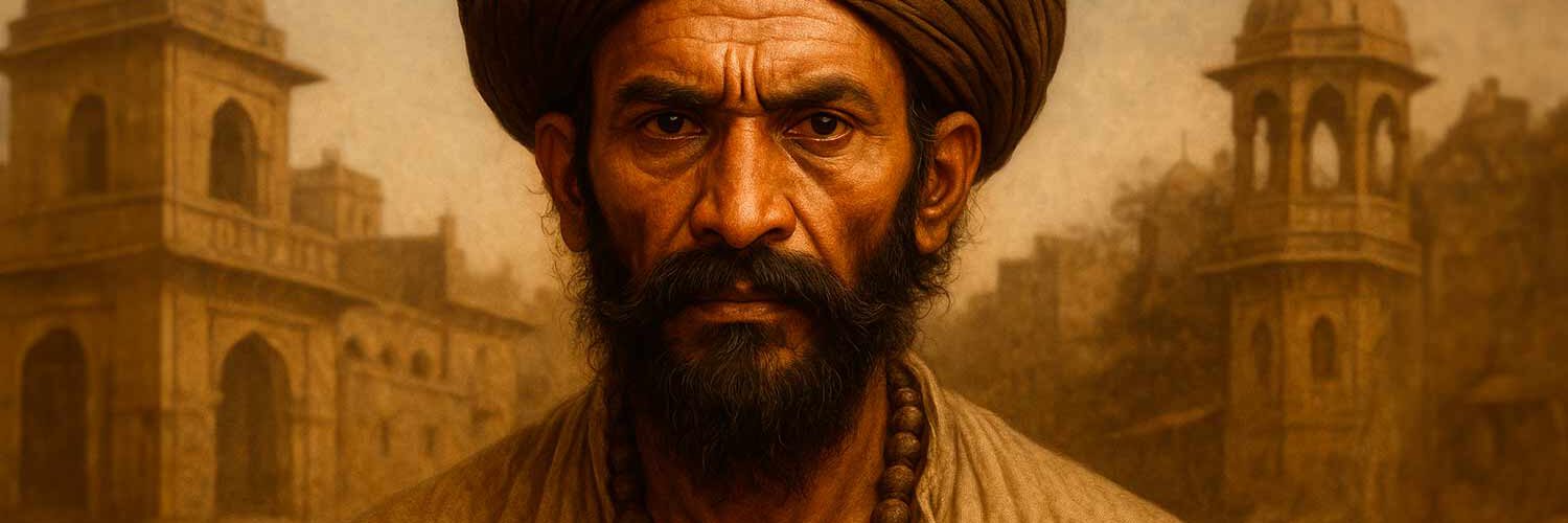 Retrato horizontal realista de un hombre que representa a Thug Behram, con rasgos indios del siglo XVIII-XIX, vestido con túnica tradicional, turbante oscuro y mirada penetrante. El fondo muestra un paisaje árido típico del centro de la India, con árboles secos y arquitectura de la época mogol, evocando el ambiente histórico de los thugs. Ideal para ilustrar artículos sobre asesinos históricos o sociedades secretas en la India colonial.