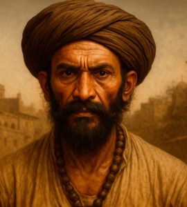 Retrato horizontal realista de un hombre que representa a Thug Behram, con rasgos indios del siglo XVIII-XIX, vestido con túnica tradicional, turbante oscuro y mirada penetrante. El fondo muestra un paisaje árido típico del centro de la India, con árboles secos y arquitectura de la época mogol, evocando el ambiente histórico de los thugs. Ideal para ilustrar artículos sobre asesinos históricos o sociedades secretas en la India colonial.