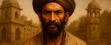 Retrato horizontal realista de un hombre que representa a Thug Behram, con rasgos indios del siglo XVIII-XIX, vestido con túnica tradicional, turbante oscuro y mirada penetrante. El fondo muestra un paisaje árido típico del centro de la India, con árboles secos y arquitectura de la época mogol, evocando el ambiente histórico de los thugs. Ideal para ilustrar artículos sobre asesinos históricos o sociedades secretas en la India colonial.