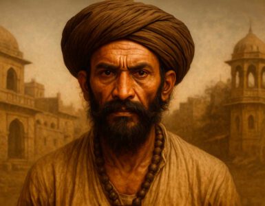 Retrato horizontal realista de un hombre que representa a Thug Behram, con rasgos indios del siglo XVIII-XIX, vestido con túnica tradicional, turbante oscuro y mirada penetrante. El fondo muestra un paisaje árido típico del centro de la India, con árboles secos y arquitectura de la época mogol, evocando el ambiente histórico de los thugs. Ideal para ilustrar artículos sobre asesinos históricos o sociedades secretas en la India colonial.