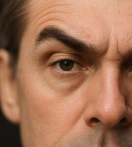 Rostro de un hombre con expresión seria y ceño fruncido, centrado en los ojos y las cejas.