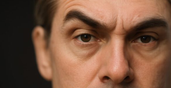 Rostro de un hombre con expresión seria y ceño fruncido, centrado en los ojos y las cejas.